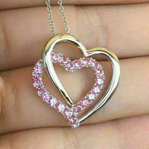 2 Ct Pink CZ Sapphire Round Cut Heart Chain Pendent 14K White Gold Plated - £112.99 GBP