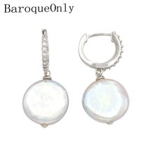 BaroqueOnly 14-16mm flat button pearls drop earrings real natural fresh water pe - £19.67 GBP