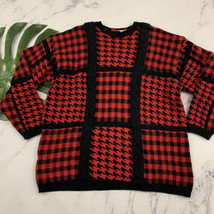 Vintage Liz &amp; Co Houndstooth Plaid Chunky Sweater Sz L Red Black Cable K... - £25.62 GBP