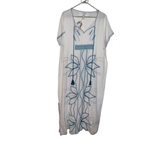 Star Mela Women White Blue Embroidered Floral Trella Kaftan Maxi Cover Up Medium - £29.25 GBP