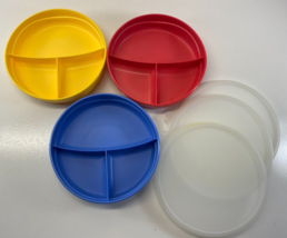 Lot of 3 Red Yellow Blue 6 in Tupperware Divided Toddler Bowl With Lids - $39.59