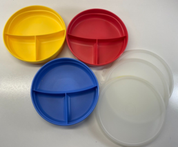 Lot of 3 Red Yellow Blue 6 in Tupperware Divided Toddler Bowl With Lids - £29.75 GBP