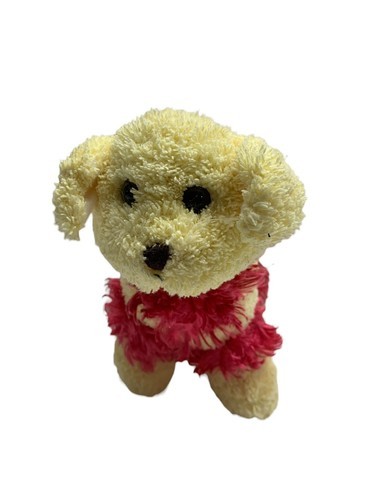 Cuddly Plush Fluffy Toy Poodle Dog Beige with Pink Fluffy Fur On Legs/Neck 7 In Item image 8