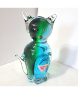 Murano Ferro And Lazzarini Glass Cat Blue + Green on Base Cute Face w Or... - £43.58 GBP