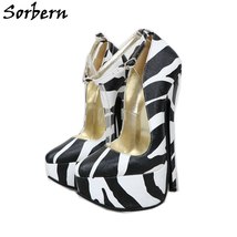 Rn zebra ankle strap pump shoes women pointed toe platform shoe 8 inch high heels black thumb200