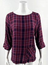 J Jill Top Sz M Petite Plaid Burgundy Red Purple Front Pocket 3/4 Sleeve... - £23.79 GBP