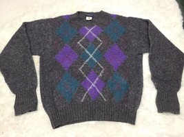 VTG 100% Shetland Wool Sweater Argyle Purple Turquoise Unisex L Made Ire... - £14.11 GBP