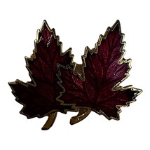 Vintage Double Red Maple Leaf  Enamel Brooch Pin Estate Jewelry Gold Tone - £11.94 GBP