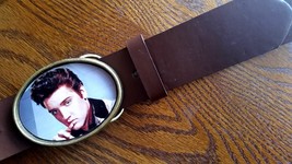 ELVIS PRESLEY 50&#39;s   Epoxy PHOTO MUSIC BELT BUCKLE &amp; Brown Bonded Leathe... - $24.70