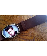 ELVIS PRESLEY 50&#39;s   Epoxy PHOTO MUSIC BELT BUCKLE &amp; Brown Bonded Leathe... - $33.85 CAD