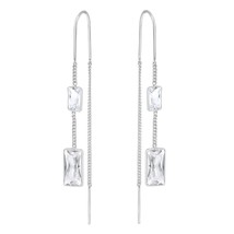 Glowing Clear Cubic Zirconia Rectangles Sterling Silver Chain Threader Earrings - £15.78 GBP