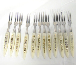 12 Vintage Cocktail Forks Stainless Japan With White Plastic Handles - £19.39 GBP