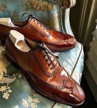 Men Handmade Brown Color Real Leather Wing Tip Matching Sole Lace Up Shoes - £115.45 GBP