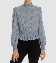 Lucy Paris Women&#39;s Blue Black Long-Sleeve Ruffle Smocked Blouse Top XS B4HP $68 - £15.11 GBP