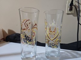 Ed Hardy Set Of 2 Tall Decorative Skull And Flame Glassware - £14.60 GBP