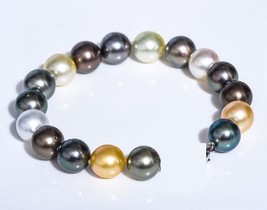 Charming 7.5&quot;10-11mm Natural South Sea Genuine Black Golden White Round Pearl Br - £57.84 GBP