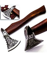 Custom Hand Forged Etched Carbon Steel Axe with Sheath | Rose Wood Handle - £78.95 GBP