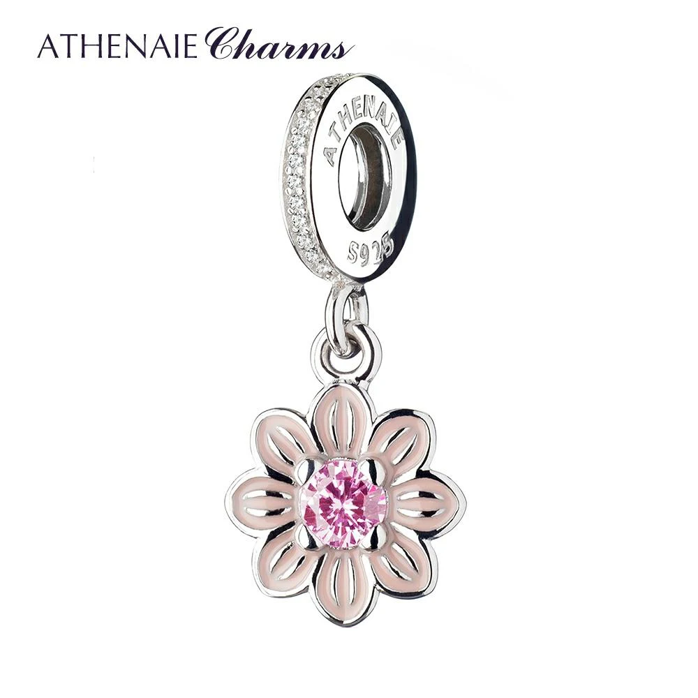 925 Sterling Silver Romantic Pink Enamel Poetic Bloom Pendants with CZ Birthston - £45.22 GBP
