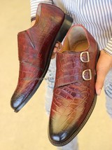 Men&#39;s New Handmade burgundy Crocodile Textured Leather Stylish Double Monk  - £114.76 GBP