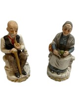 2 Collectible Ceramic Figurines, Seated Elderly Folks Woman W/ Yarn,Man w/ Pipe - £15.66 GBP