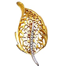 Vintage Gold Tone Filigree Brooch Pin Openwork Leaf Crystal Rhinestone Detail - £11.81 GBP