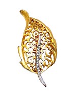 Vintage Gold Tone Filigree Brooch Pin Openwork Leaf Crystal Rhinestone D... - £11.64 GBP
