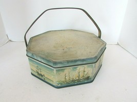 Vtg LOOSE-WILES Biscuit Company Sunshine Biscuit Tin Tall Ships 9.25&quot; Octogon - £10.24 GBP