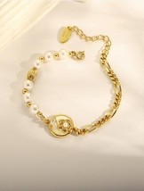 18K Gold Flower Dish Figaro Chain Bracelet, beautiful, gift for her, pearl - £39.10 GBP