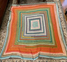 Vintage 1970s Handmade Crocheted Afghan Blanket Granny Boho Rainbow 87 x 77 HUGE - £69.99 GBP