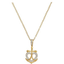 10k Yellow Gold Womens Round Diamond Heart Cross Anchor Pendant Necklace 1/10 - £207.35 GBP