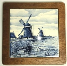 Delft Blue &amp; White Holland Dutch Windmills Wood Framed Tile Hot Plate Tr... - $15.05 CAD