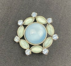  Blue Green Moonstone Silver Brooch Pin with Blue Rhinestones - £26.10 GBP