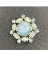  Blue Green Moonstone Silver Brooch Pin with Blue Rhinestones - £25.71 GBP