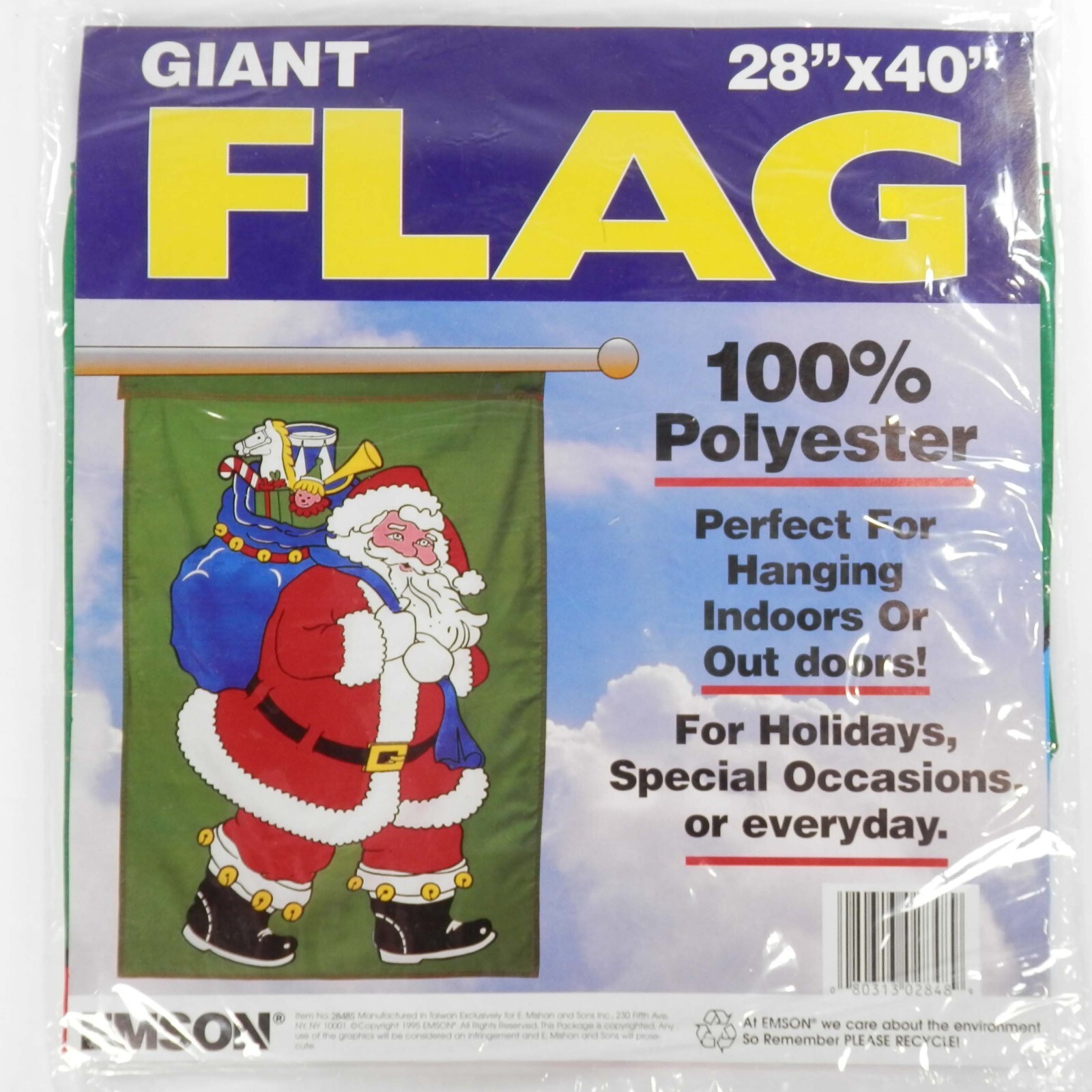Vtg New Emson Outdoor Indoor Flag Santa Giant 28x40 Red Green Holiday Christmas Item image 2
