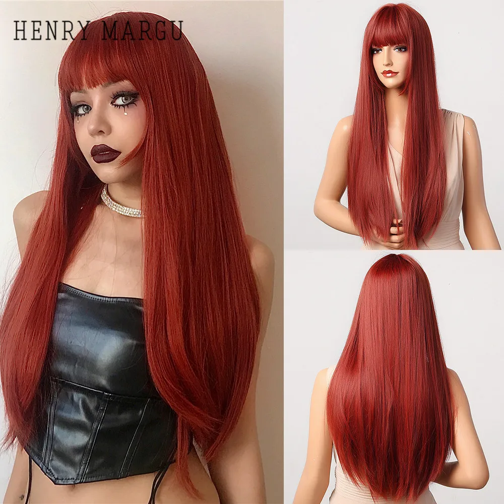 HENRY MARGU Orange Red Ombre Long Straight Wigs for Women Synthetic Wigs Wi - £18.12 GBP+