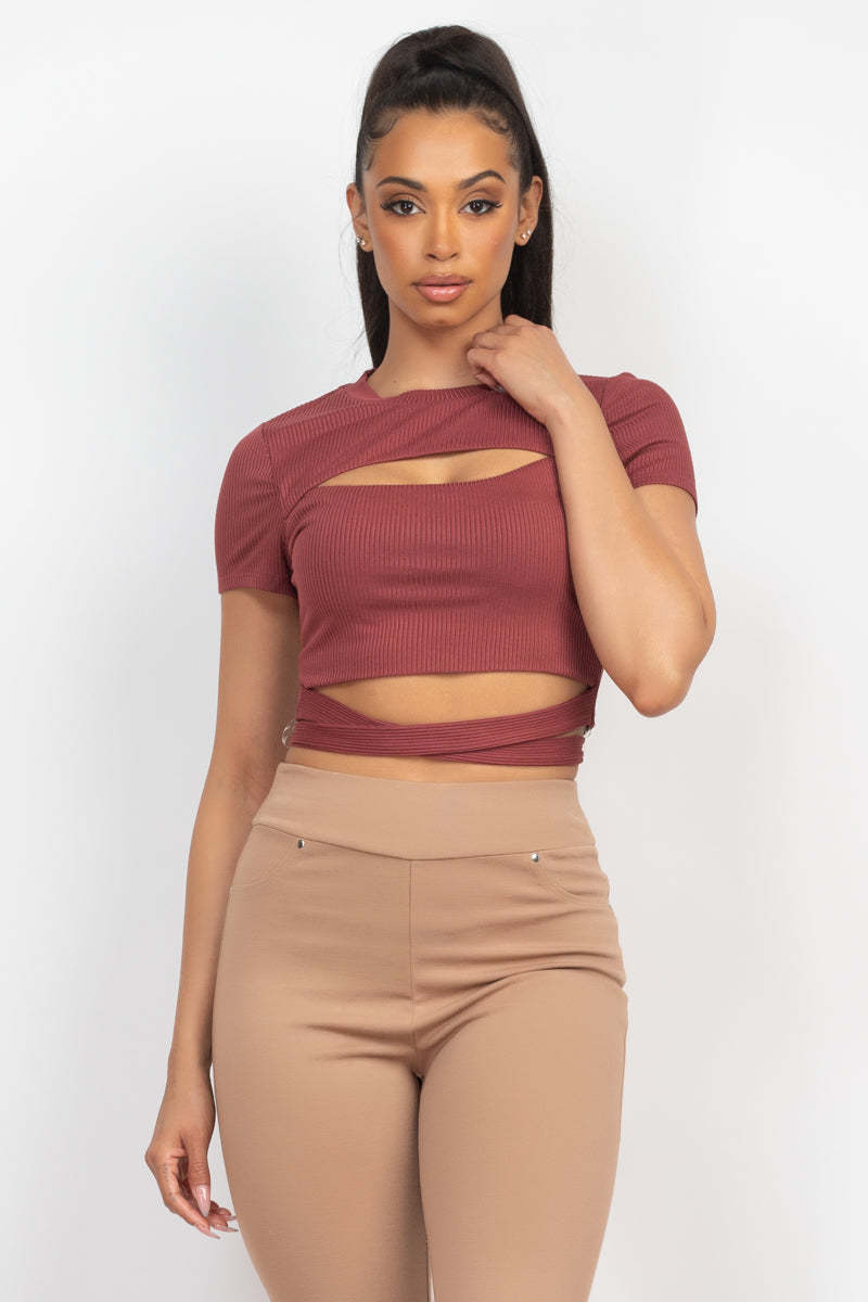 Self-tie Ribbon Front Cutout Crop Dark Red Top - $8.00