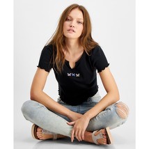Hippie Rose Women&#39;s Juniors&#39; Embroidered-Trim Notched Top Black L B4HP - $9.95