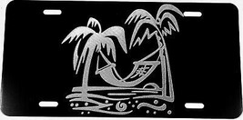 Tropical Beach Hammock Car Tag Engraved Etched Black Aluminum License Plate - £18.37 GBP