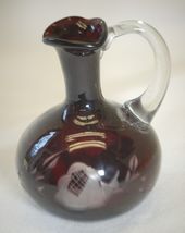 Ruby Red Cut to Clear Glass Cruet Floral Designs - $25.73
