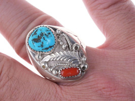 Sz10.5 Vintage Navajo Sterling turquoise and coral ring - £206.39 GBP