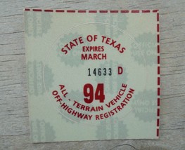 1994 TEXAS ALL TERRAIN VEHICLE OFF-ROAD-HIGHWAY REGISTRATION STICKER NEW... - £3.74 GBP