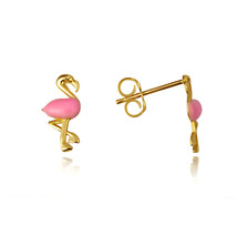 14K Solid Yellow Gold Pink Flamingo Tropical Bird Enamel Stud Earrings - £117.46 GBP