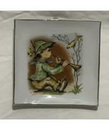 Vintage Hummel Style Wall Hanging Plate Porcelain Square Boy Playing Mus... - $12.61