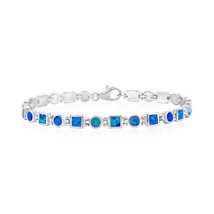 Sterling Silver Blue Inlay Opal Squares and Circles Link Bracelet - £116.46 GBP
