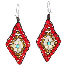 Tribal Leaf Red Coral and Howlite .925 Silver Earrings - £12.15 GBP