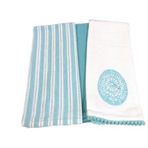 3 VTG Tea Towels Teal Aqua Blue Embroidery Pom Poms Large 27 in long No ... - £15.62 GBP