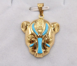Sekhmet Pendant Turquoise Egyptian Jewlery Gold 18K Pharaonic Lord of War 3.8 Gr - $380.49