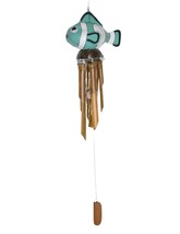Hand Carved Bamboo Wooden Bobbing NEMO Teal Blow Fish Coconut Wind Chime... - $29.64