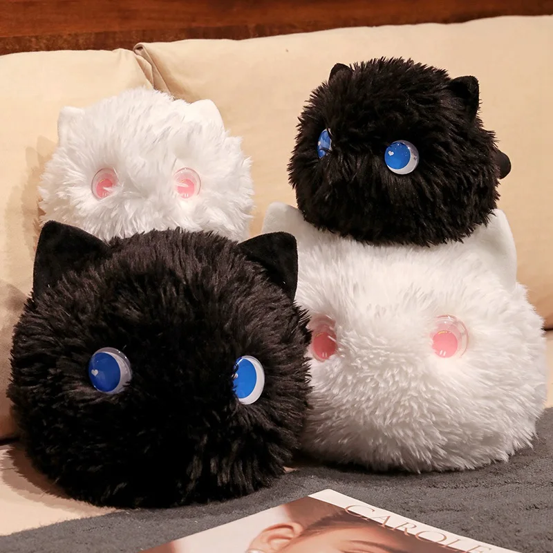 Hairy Round White/Black Cat Plush  Cute Fat Kitten Cat Stuffed Doll Birthday  fo - $24.36