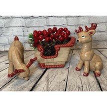 Vintage Kimple Brown/Red Ceramic Reindeer And Sleigh With Holly And Polka Dots - £47.42 GBP